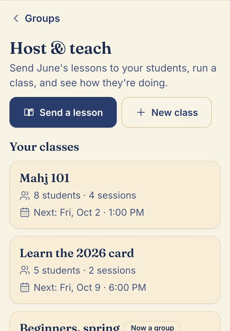 Host & teach in the app: Send a lesson, New class, and a teacher's classes with their students and sessions.