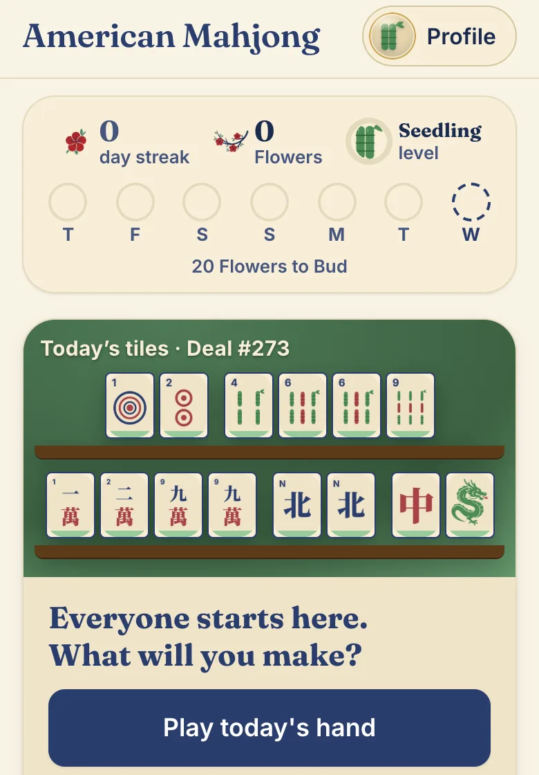 The Daily in the app: today's 14 starting tiles on a rack, and a Play today's hand button.