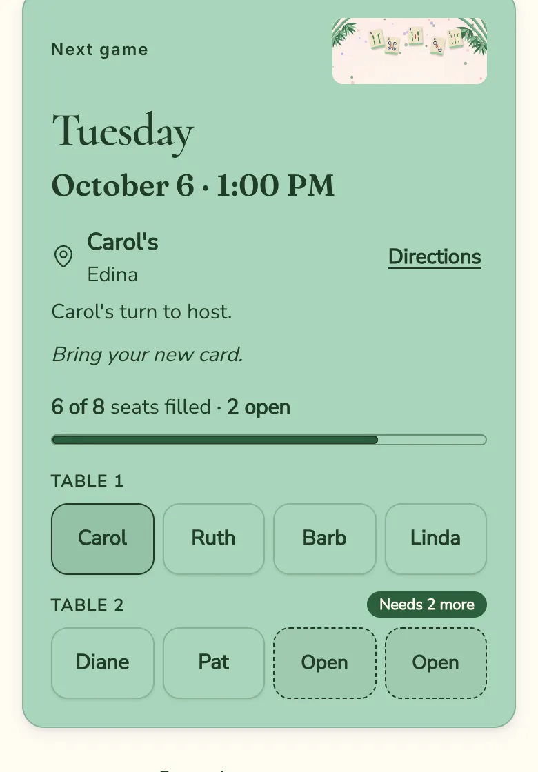 A group's next game: Tuesday at Carol's, two tables, six of eight seats filled.