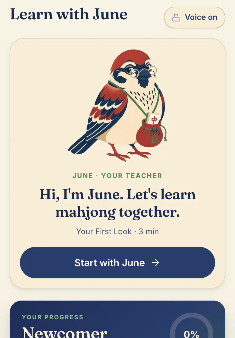 The Learn tab: June, the sparrow who teaches, with a Start with June button.