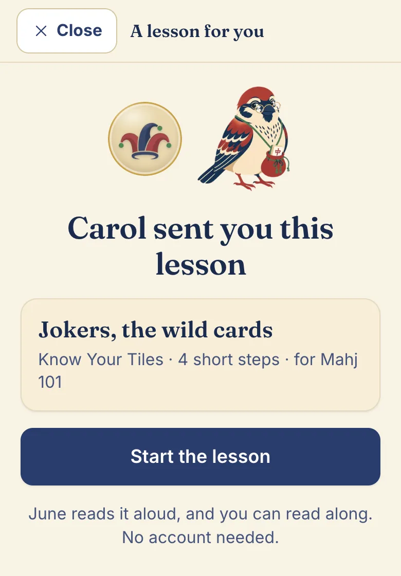A sent lesson on a phone: "Carol sent you this lesson", Jokers, the wild cards, and a Start the lesson button.