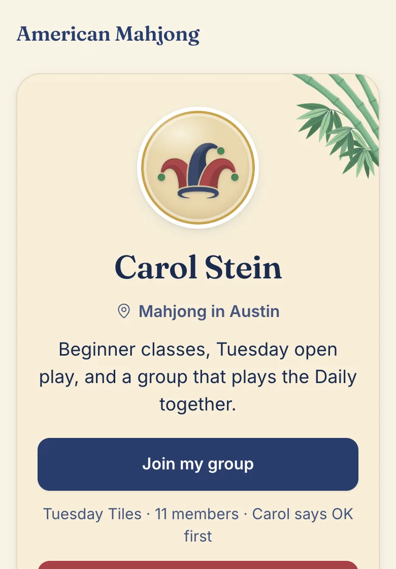 A host's page at americanmahjong.app/@name: her name, her city, a short bio and a Join my group button.