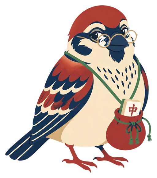 June, the mahjong sparrow mascot, perched and ready to teach
